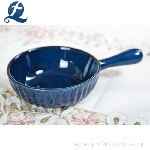 Emboss Stoneware Printed Ceramic Bowl With Handle